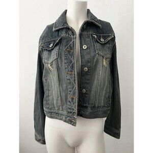 Y2k Double Edition Grunge Distressed Cropped Denim Jacket Size L Dark Blue Wash